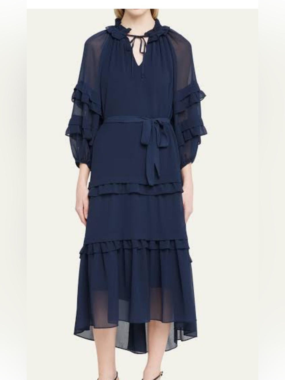 XL Kobi Halperin Navy Ruffled Tiered Midi Dress